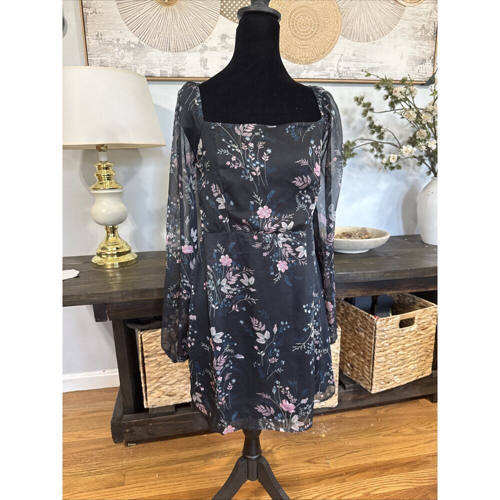 Coquette Dark Floral Womens Dress Sheer Sleeves Romantic Goth Sz L Twilight
